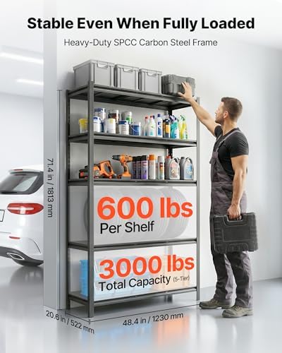 VEVOR Garage Shelving, 5-Tier Adjustable Storage Shelves, 3000 lbs Heavy Duty Garage Shelves, Metal Utility Rack Shelf for Garage Workshop Warehouse Basement, 48.43" W x 20.55" D x 71.38" H
