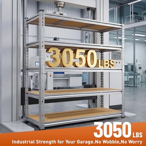 Garage Shelving Load 3050LBS, 5-Tier Storage Shelves, Adjustable Garage Shelves, Shelving Units and Storage, Metal Shelf for Kitchen, Pantry, Warehouse, 48" W x 71.9" H x 17.9" D, Galvanized