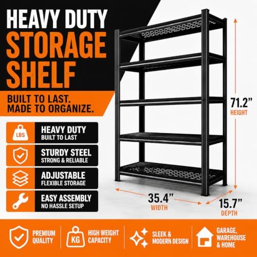 Garage Shelving, 5-Tier Heavy Duty Metal Storage Shelves, 3000 LBSAdjustable Storage Rack for Garage, Warehouse, Basement, 35.4" W x 17.7" D x 72" H