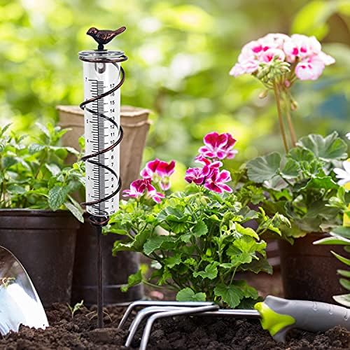 JOYBee 7inch Capacity Glass Spiral Rain Gauge,Cast Iron Bird Hanging Rain Gauge,Garden Rain Water Meter Measuring with Metal Frame,Decoration for Outdoor Garden Lawn Backyard