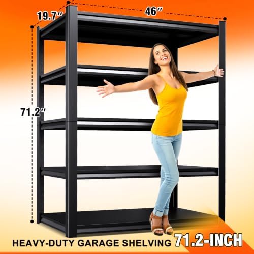 46''W Storage Shelves, Garage Shelving,Adjustable Garage Shelves,Heavy Duty Metal Shelving, 5 Tier Utility Steel Shelf, Easy-to-Install Shelving Units and Storage 71.2''x46''x19.7