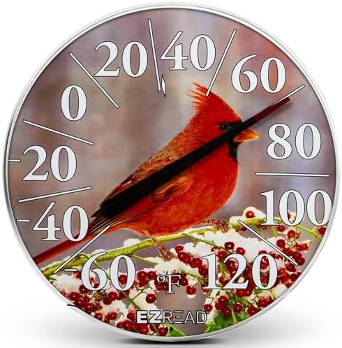 EZREAD Hanging Dial Thermometer 840-1225 Weather Thermometers for Indoor and Outdoor Use, Large 12.5 Inch Diameter, Easy to Read Numbers, Winter Cardinal