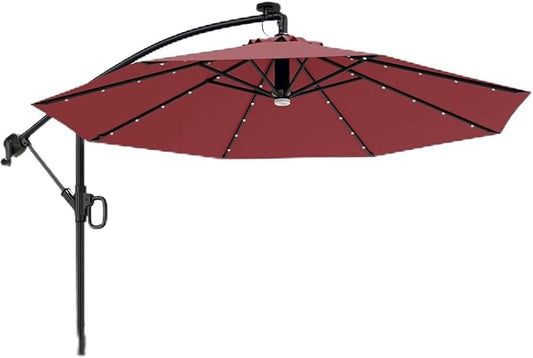 EAST OAK Patio Umbrella, 10 ft Outdoor Offset Umbrella with 8 Ribs, 40 LED Solar Lights and Crank, Aluminum Pole and UPF 50+ Fade Resistant for Garden, Deck and Poolside, New Red
