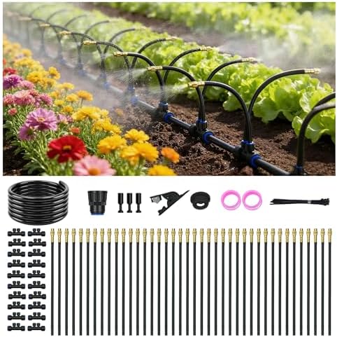 Drip Irrigation System for Garden, Automatic Watering System with Adjustable 360° Copper Spray Nozzles, DIY Drip Irrigation Kit for Yard, Lawn, Greenhouse, Raised Beds & Potted Plants (66FT)