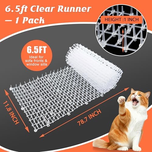 Transparent Cat Scat Mat with Spikes, 6.5FT Clear Cat Deterrent Mat for Sofa, Windowsill, Balcony & Garden, Cuttable Indoor Outdoor Pet Repellent Mat, 78 x 11 Inch