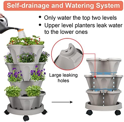 GameXcel Vertical Planter Tower - 4 Tier Stackable Garden Planters with Wheels and Tools Plant Pots for Strawberry Herb Flower and Vegetable Indoor Outdoor Use Gray 2 Pack