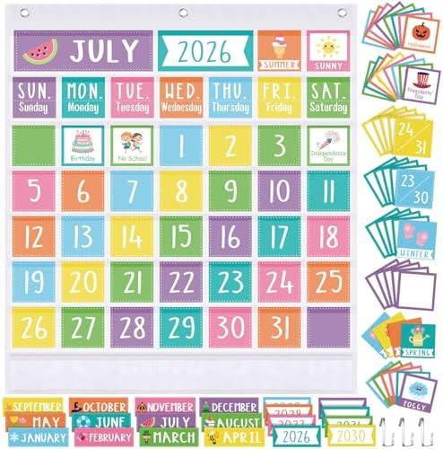 Sinload Classroom Calendar Pocket Chart White, Colorful