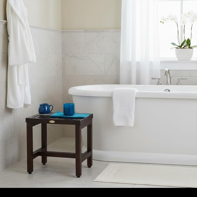 DecoTeak Espalier 18 Inch Lattice Waterproof Teak Wood Shower Bench Stool Seat Chair for Inside Shower Provides Safety, Storage, and Organization for Bathroom Accessories