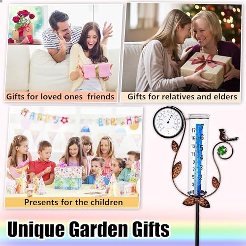 JOYBEE Bird Rain Gauge with Thermometer Garden Decor, Accurate Rain Gauges Outdoors，Rain Gauge for Yard with Stake, Decorative Rain Measure Gauge for Garden, Deck, Lawn with Large Numbers