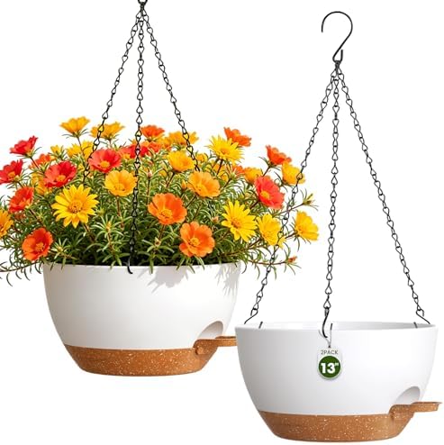 13 Inch Large Self Watering Hanging Planters 2 Pack with Saucers