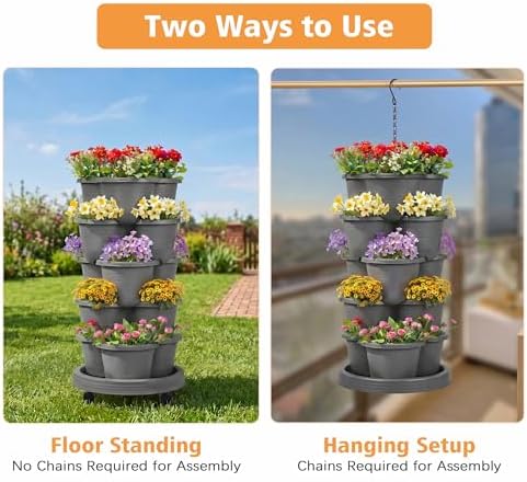 VECELO 5 Tier Vertical Garden Planter, Self Watering Stackable Planters with Wheels for Strawberries, Herbs, Flowers, Vegetables, Dark Gray