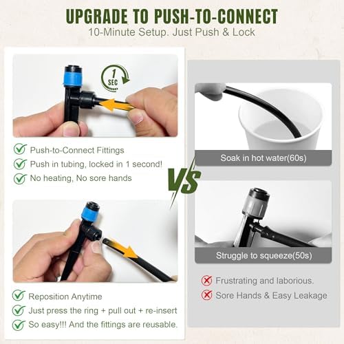 Push-to-Connect Drip Irrigation System Kit, Complete Premium Garden Watering System with 50FT 1/2" Mainline, Leak-Resistant Quick Connect Fittings, Adjustable Drip Emitters for Raised Beds, Greenhouse