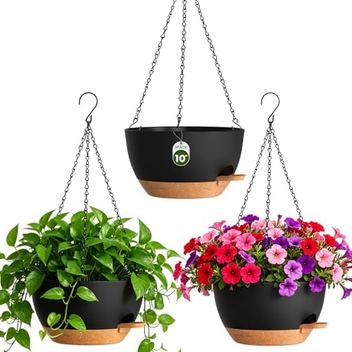 10 Inch Self-Watering Hanging Planters Set of 3 with Saucers