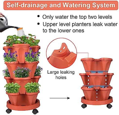 GameXcel Vertical Planter Tower - 4 Tier Stackable Garden Planters with Wheels and Tools Plant Pots for Strawberry Herb Flower and Vegetable Indoor Outdoor Use Red 2 Pack