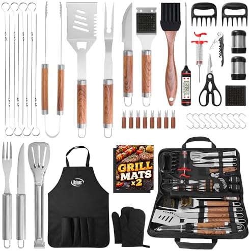 Kaluns 50PC BBQ Grill Tools Set – Heavy Duty Stainless Steel Grill Accessories Kit with Case, Apron, Hooks, Thermometer, Injector, Claws & Mats – Fathers Day Gift for Dad, Men