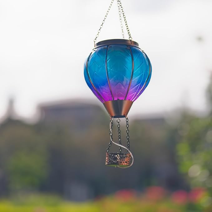 Starsoul Hot Air Balloon Solar Lantern with Candle Holder Glass Solar Hot Air Balloon Lantern with Flame Solar Hanging Hot Air Balloons Decorative for Lawn Porch Tree Yard