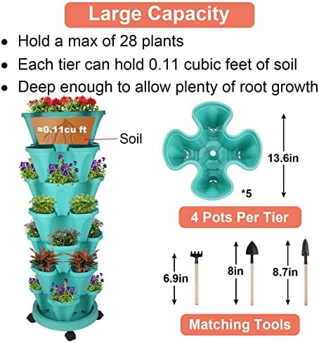 GameXcel Vertical Planter Tower - 7 Tier Stackable Garden Planters with Wheels and Tools Plant Pots for Strawberry Herb Flower and Vegetable Indoor Outdoor Use Teal 2 Pack