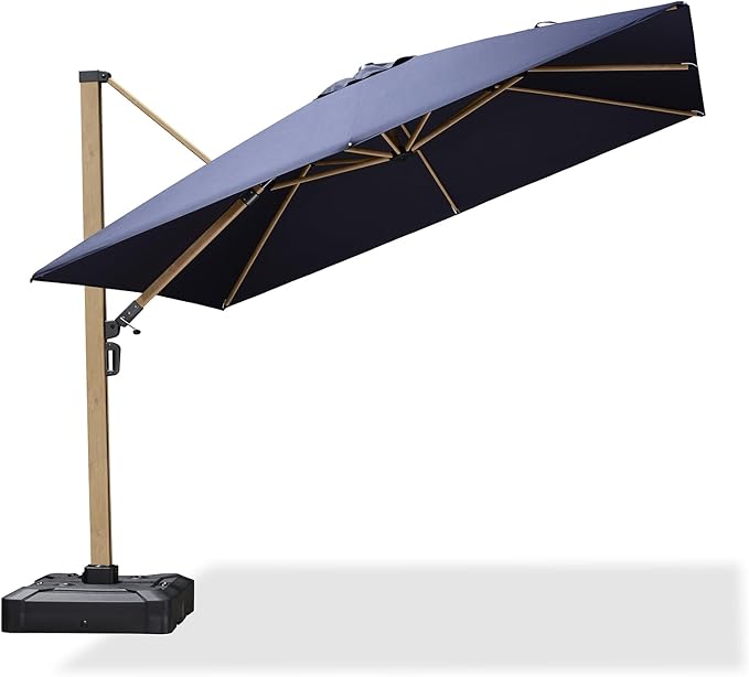 PURPLE LEAF 10FT Patio Umbrella Square Cantilever Umbrella Teak Finished Aluminum Frame Large Windproof Offset Outdoor Sun Umbrellas for Beach Pool Deck, Navy Blue
