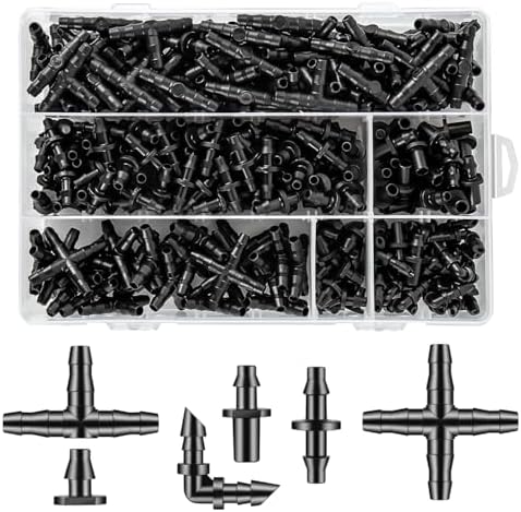 Unoutur 600 Pcs Barbed Connectors Drip Irrigation Fittings Kit, 1/4" Drip Irrigation Kit for Garden Flower Pot Greenhouse Lawn (Straight Barbs,Single Barbs,Tees,Elbows,End Plug,4-Way Coupling)