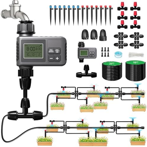 124FT Drip Irrigation System with LCD Timer, Automatic Watering System Kits,5/16 Inch Hose 1/4 Inch Distribution Tubing 3 Sprayer Types, for Garden, Greenhouse, Garden, Lawn