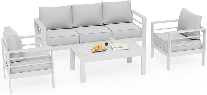 UDPATIO 6 Piece Aluminum Patio Furniture Set, Oversized Modern Outdoor Furniture Set with Olefin Fabric Cushion for Patio Deck Backyard, White(with Waterproof Covers)