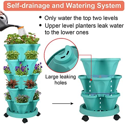 GameXcel Vertical Planter Tower - 5 Tier Stackable Garden Planters with Wheels and Tools Plant Pots for Strawberry Herb Flower and Vegetable Indoor Outdoor Use Teal 2 Pack