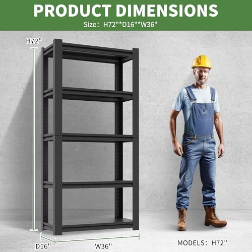 72" H Garage Shelves, Garage Shelving Heavy Duty, 2500Lbs 5 Tier Adjustable Garage Storage Shelves Suitable for Warehouse, Basement, Workshop, Kitchen, Require Assembly, 16" D*36" W*72" H(Black)
