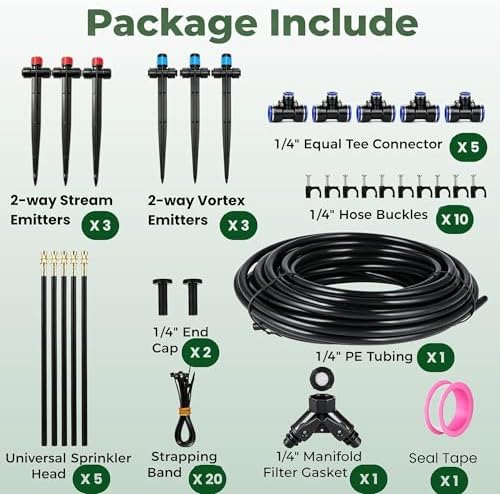 50FT Drip Irrigation System for Starter: Small Garden Quick Connect 1/4" PE Water Tubing Automatic 11Pcs Sprinkler Kit Adjustable Misting Part Watering Hose Outdoor Raised Bed Plants Flower Greenhouse