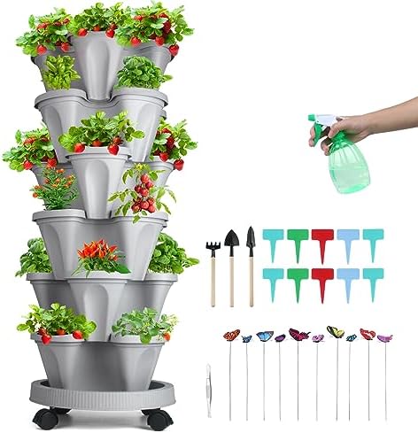 GameXcel Vertical Planter Tower - 6 Tier Stackable Garden Planters with Wheels and Garden Tool Set Plant Pots for Strawberry Herb Flower and Vegetable Indoor Outdoor Use Gray