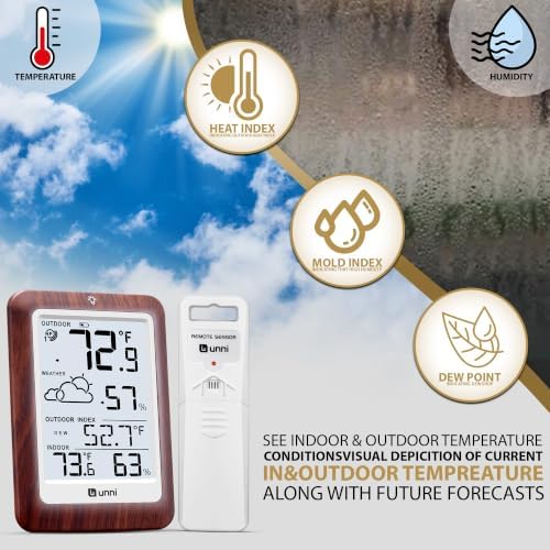 Indoor Outdoor Thermometer Wireless Weather Station, Temperature Humidity Monitor Battery Powered Inside Outside Thermometers with 330ft Range Remote Sensor and Backlight Display（Dark Wood）