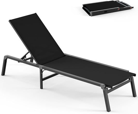 Foldable Pool Lounge Chairs, Aluminum Chaise Lounge Outdoor with 5 Positions Recliner - Free Assembly - Patio Lounge Chair for Poolside, Beach (Black)