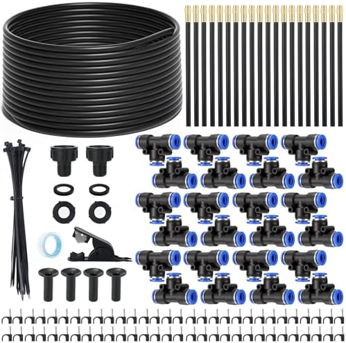 80FT Drip Irrigation Kit, 8mm Hose with 20 Brass 360° Adjustable Nozzles, Quick Connectors Automatic Garden Watering System– Complete Garden Irrigation System for Lawn, Greenhouse, Patio, Yard