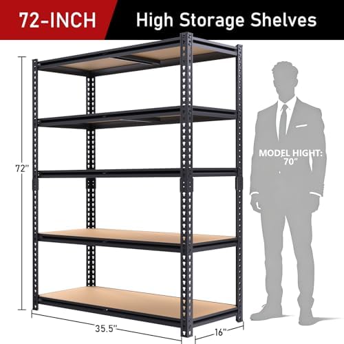 72" H Garage Storage Shelves,Storage Shelves Heavy Duty,2400LBS Heavy Duty Garage Shelving,Adjustable 5 Tier Shelving for Garage Storage,Warehouse,16"x35.5"x72"