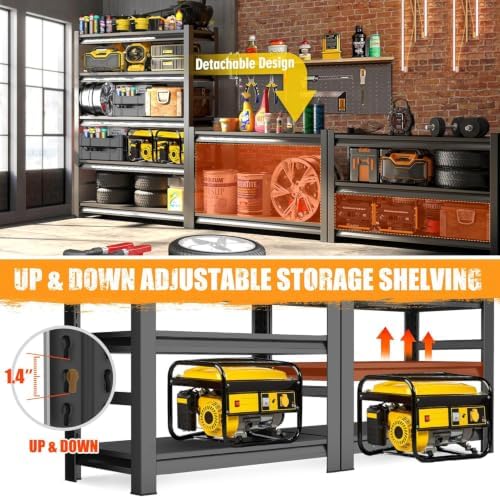 2pack Garage Shelving Heavy Duty Metal Garage Storage Shelves Organizer for Heavy Tools and Equipment, 5 Tier Metal Shelves Adjustable Shelf for Pantry Kitchen Warehouse, Black