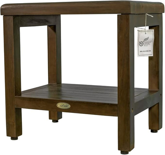 DecoTeak Eleganto 18 Inch Brown Waterproof Teak Wood Shower Bench Stool Seat Chair for Inside Shower Provides Safety, Storage, and Organization Storage Shelf for Bathroom Accessories