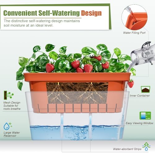OurWarm Self Watering Pots for Indoor Plants, 6 Pack 10.5 Inch Plastic Window Herb Planter Box with Water Level Indicator, Modern Decorative Windowsill Planters for Herbs, Flowers, Seedlings