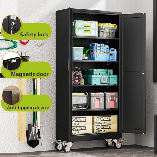 71-Inch Metal Garage Storage Cabinet with Wheels, Locking Doors and Shelves