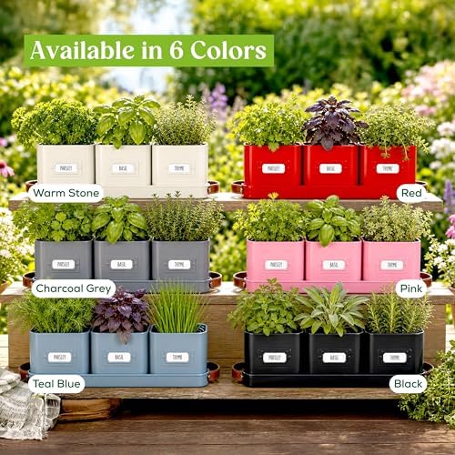 volila Herb Planter Indoor - Set of 3 Black Indoor Herb Garden Pots for Plants with Leather Handled Tray - Window Sill Plant Shelf - Herb Pots with Drainage Holes and Labels