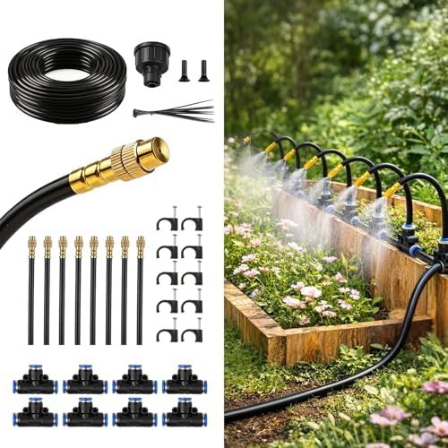 Drip Irrigation Kit for Garden 30FT, 360° Adjustable Watering System with 1/4" Tubing, Brass Misting Nozzles, DIY Micro Irrigation System for Potted Plants, Patio, Greenhouse