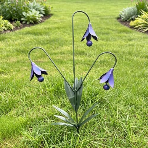 Triple Bluebells Garden Stake with Bell, Durable Metal Flower Outdoor Yard Decoration, Weather Resistant Rustic Handmade Metal Flower Garden Stake for Walkways Patios Lawn, Spring Pathway (Blue)