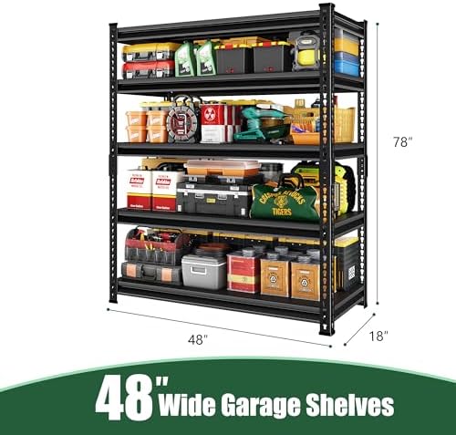 48" W Garage Shelving Heavy Duty，2500LBS Loads Adjustable Garage Storage Shelves, 5-Tier Metal Shelving Units and Storage Racks Heavy Duty, 48”W x 18”D x 78”H，Black…