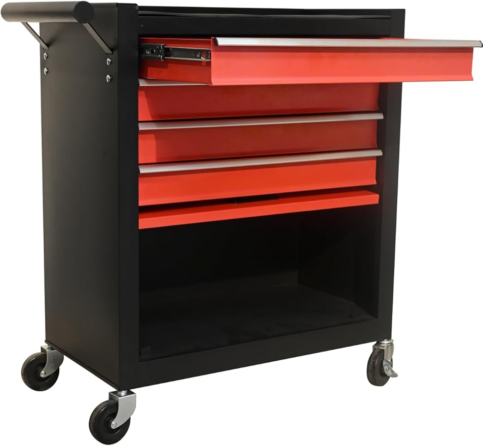 4 Drawers 1 Cabinet Rolling Tool Box on Wheels, Trolley Organizer Tool Cart Tool Chest, Multifunctional Tool Storage Tool Case for Workshop,Garage,Repair Shop(4 Drawers-29.5"H-Black&Red)