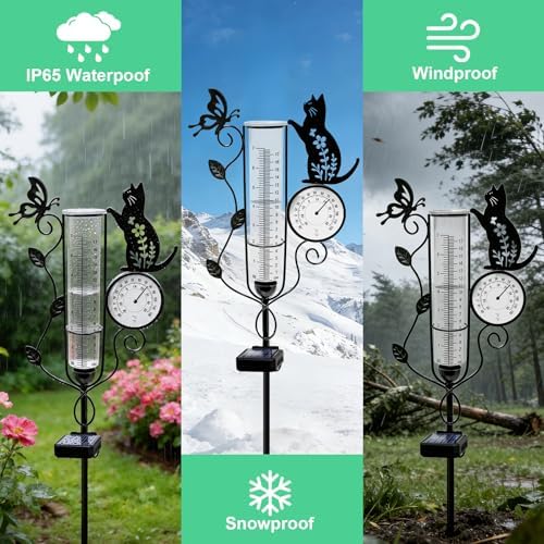 YJFWAL Metal Cat Solar Rain Gauge Outdoor with LED Light and Thermometer