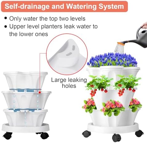 GameXcel Vertical Planter Tower - 3 Tier Stackable Garden Planters with Wheels and Tools Plant Pots for Strawberry Herb Flower and Vegetable Indoor Outdoor Use White