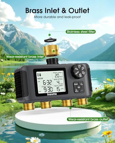 Insoma 4 Zones Sprinkler Timer with Brass Inlet & Outlet, Water Timer for Garden Hose with Auto/Manual/Rain Delay Mode, Hose Timers for Irrigation Watering System for Yard, Lawn, Plant Watering