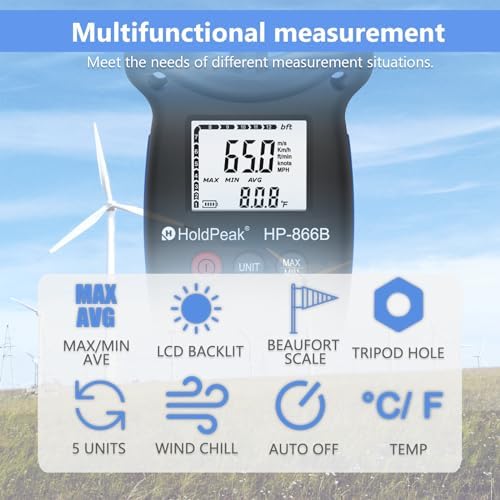 [2 PCS] HoldPeak 866B Handheld Anemometer, Digital Wind Speed Gauge Meter, Air Flow Velocity Temperature CFM Measuring Device for HVAC Outdoor Sailing Shooting Golf