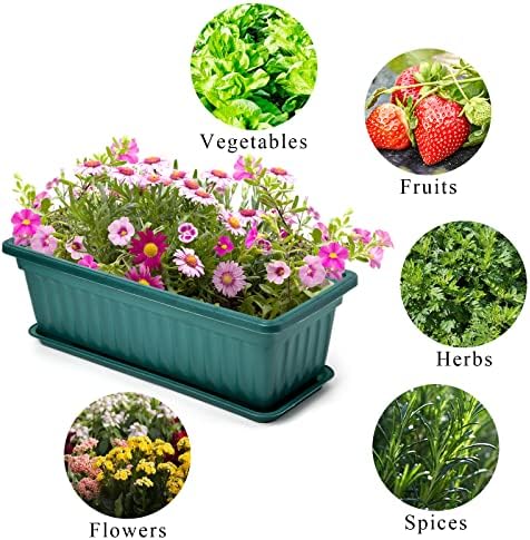 Fasmov 7 Pack 17 Inches Flower Window Box Plastic Vegetable Planters with Trays Vegetables Growing Container Garden Flower Plant Pot with 7 Pcs Plant Labels for Balcony, Patio, Garden, Green