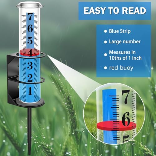 Rain Gauge Outdoor, Accurate Rain Gauges Outdoors Best Rated with Metal Rack Holder, Water Rain Meter with Thickened Plastic Large Font Tube for Yard, Easy to Read with Red Float