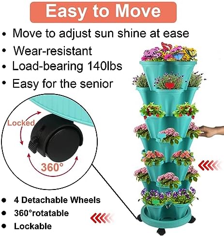 GameXcel Vertical Planter Tower - 7 Tier Stackable Garden Planters with Wheels and Garden Tool Set Plant Pots for Strawberry Herb Flower and Vegetable Indoor Outdoor Use Teal