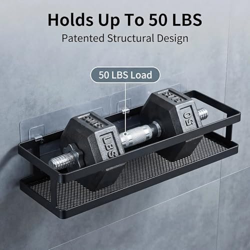 PUSDON 2-Pack 16.5" Extra Long Slim Shower Caddy, Adhesive Wall Mount Bathroom Organizer, Rustproof Open Frame Mesh Spice Rack for Kitchen, Holds 50LBS - Matte Black, Guardrail